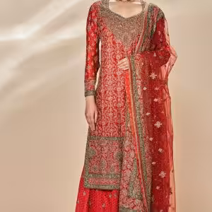 Red Green Embroidered Kurta Set front view