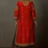 Back view of red silk embroidered festive kurta set