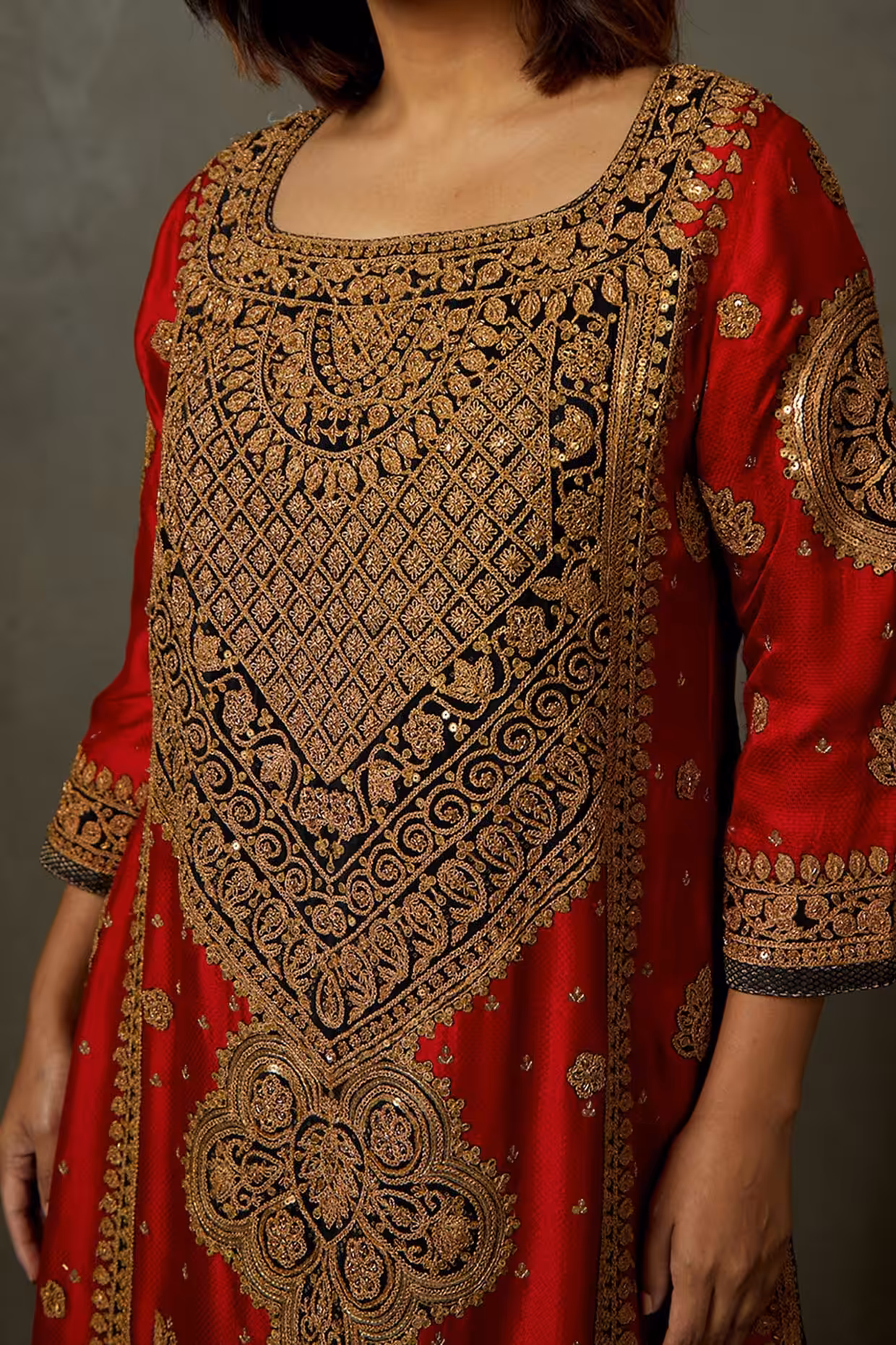 Embroidery detail on red silk kurta set
