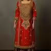 Red Silk Embroidered Kurta Set front view