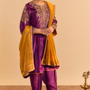 deep purple velvet silk embroidered a line kurta set with dhoti pants and dupatta