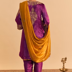deep purple velvet silk embroidered a line kurta set with dhoti pants and dupatta