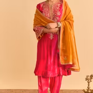 hot pink velvet silk embroidered a line kurta set with dhoti pants and dupatta