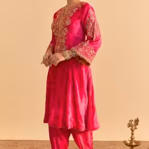 hot pink velvet silk embroidered a line kurta set with dhoti pants and dupatta
