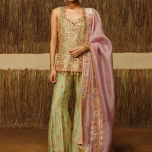 Ivory embroidered Anarkali gown with heavy zari work front view