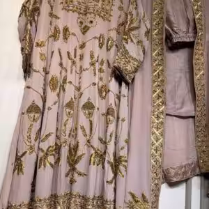 Mauve hand embroidered Anarkali suit set with zari work and embroidered dupatta for festive and wedding wear