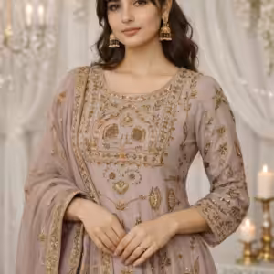 Mauve Hand Embroidered Anarkali Suit Set with Dupatta