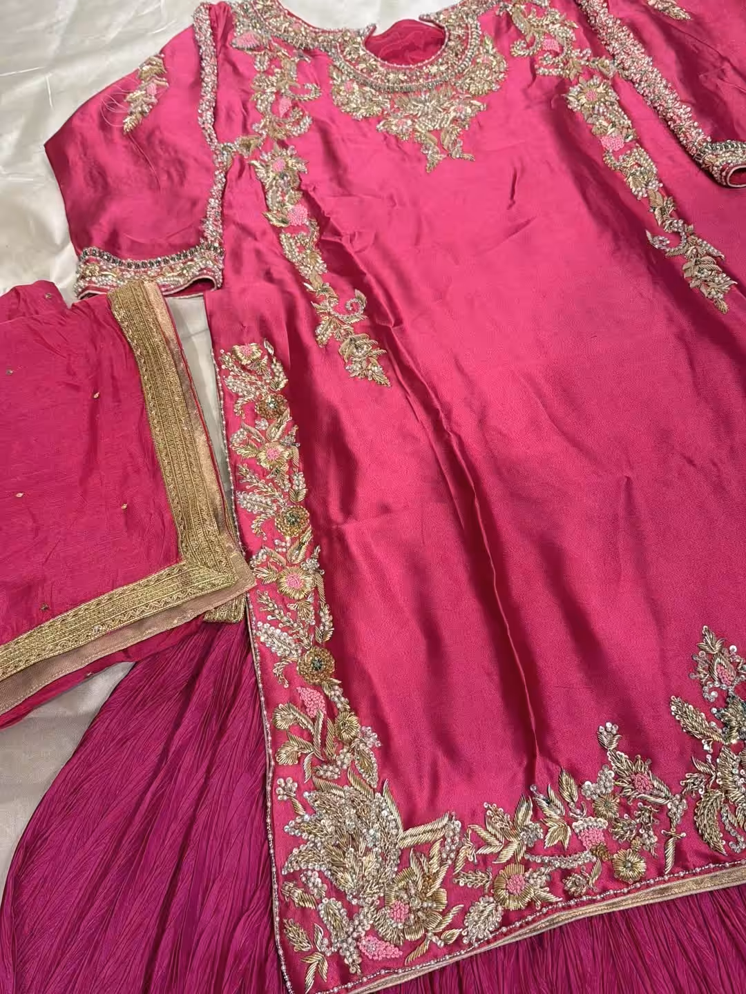 Pink silk hand embroidered kurta sharara set with zari floral work for wedding and festive wear