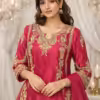 Pink silk hand embroidered kurta sharara set with zari floral work for wedding and festive wear
