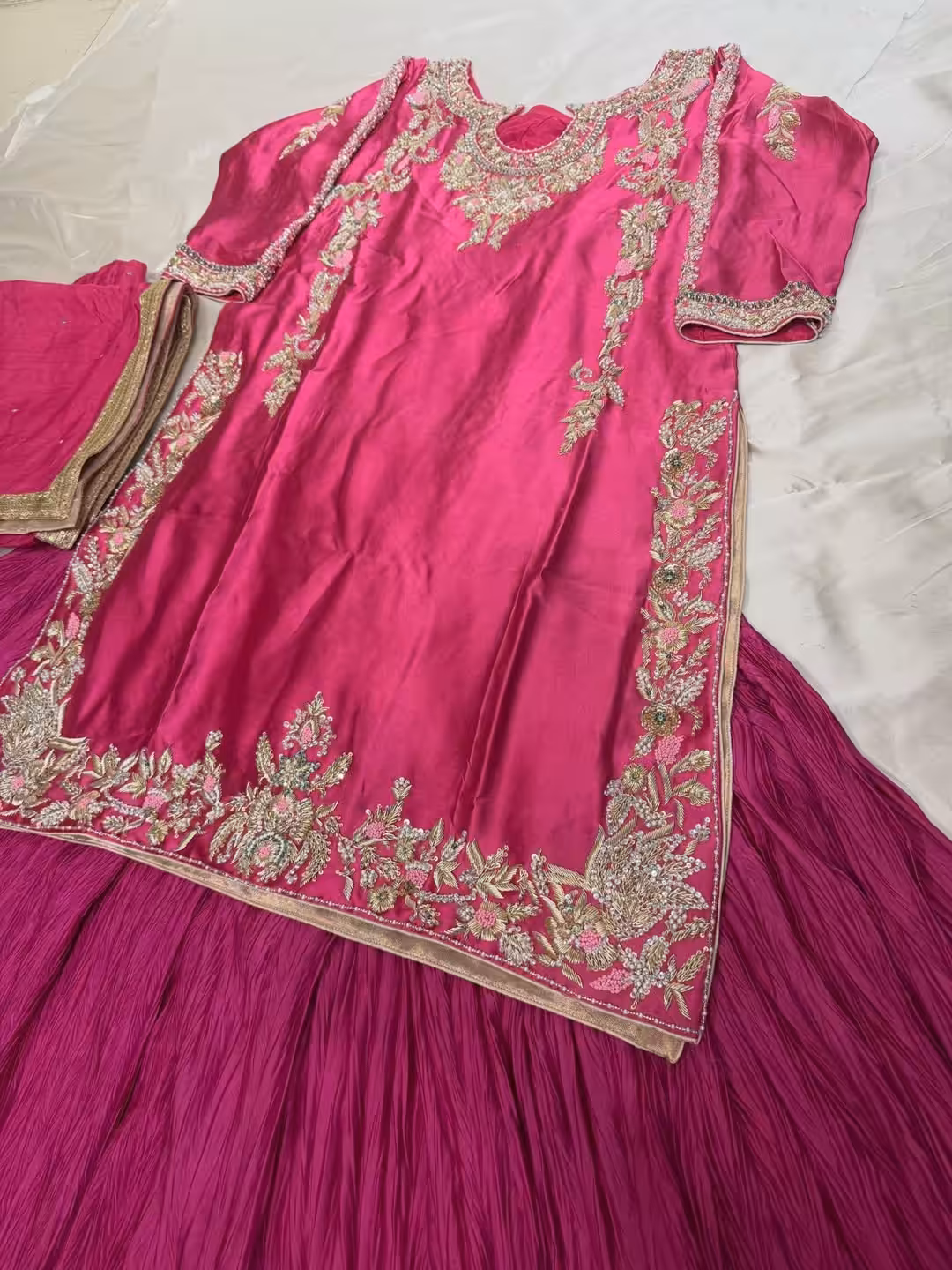 Pink silk hand embroidered kurta sharara set with zari floral work for wedding and festive wear