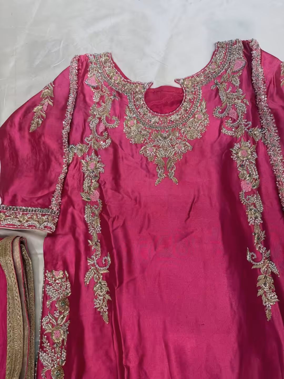 Pink silk hand embroidered kurta sharara set with zari floral work for wedding and festive wear