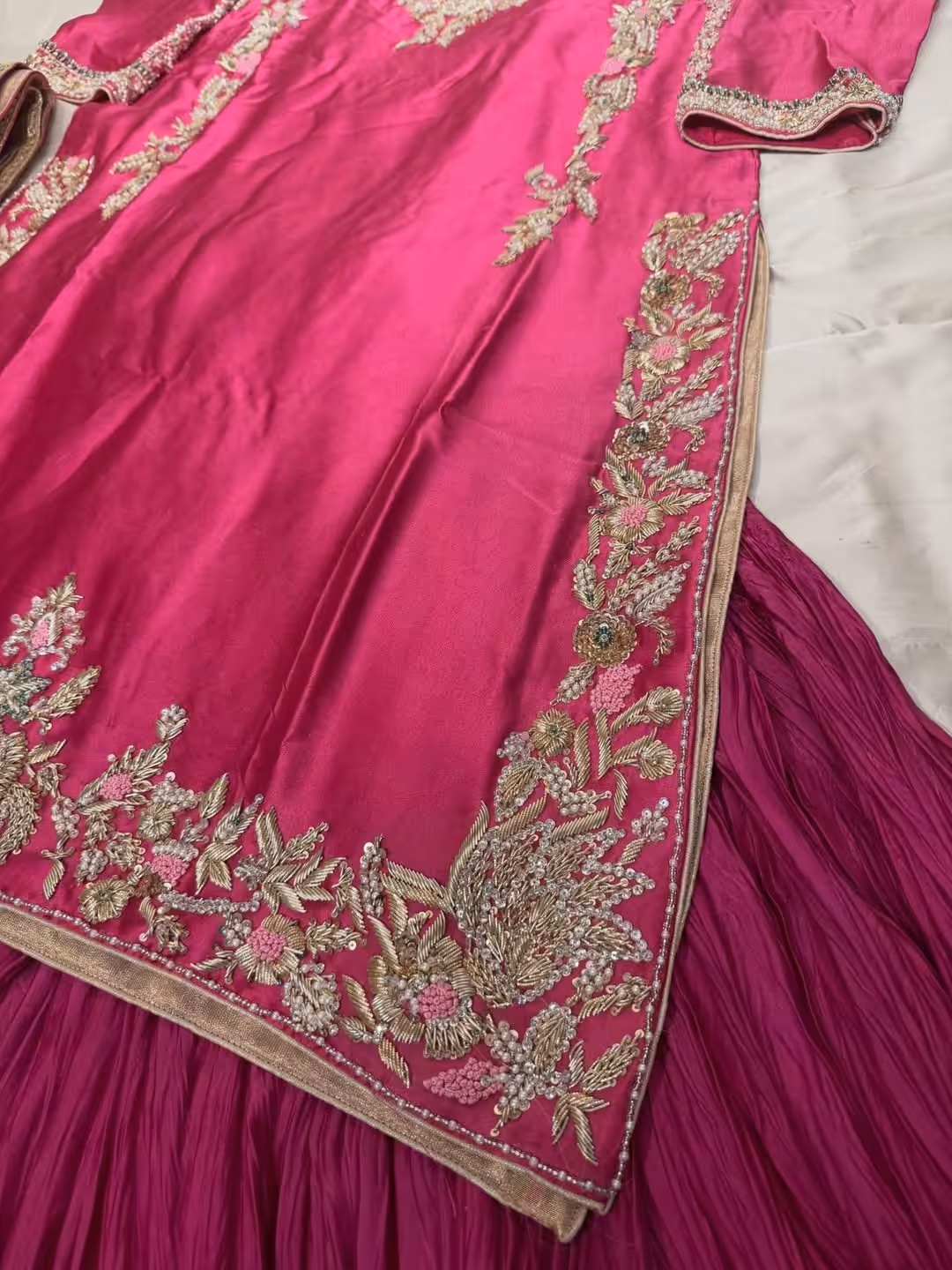 Pink silk hand embroidered kurta sharara set with zari floral work for wedding and festive wear