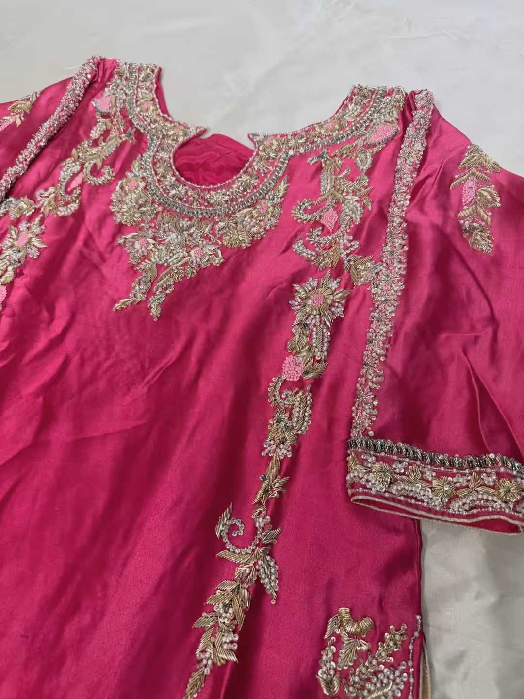 Pink silk hand embroidered kurta sharara set with zari floral work for wedding and festive wear
