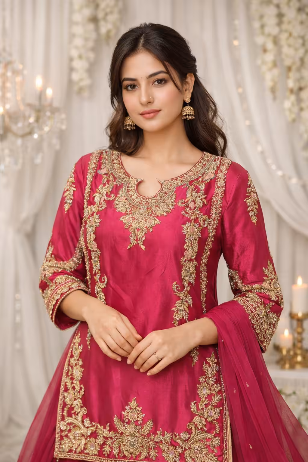 Pink silk hand embroidered kurta sharara set with zari floral work for wedding and festive wear